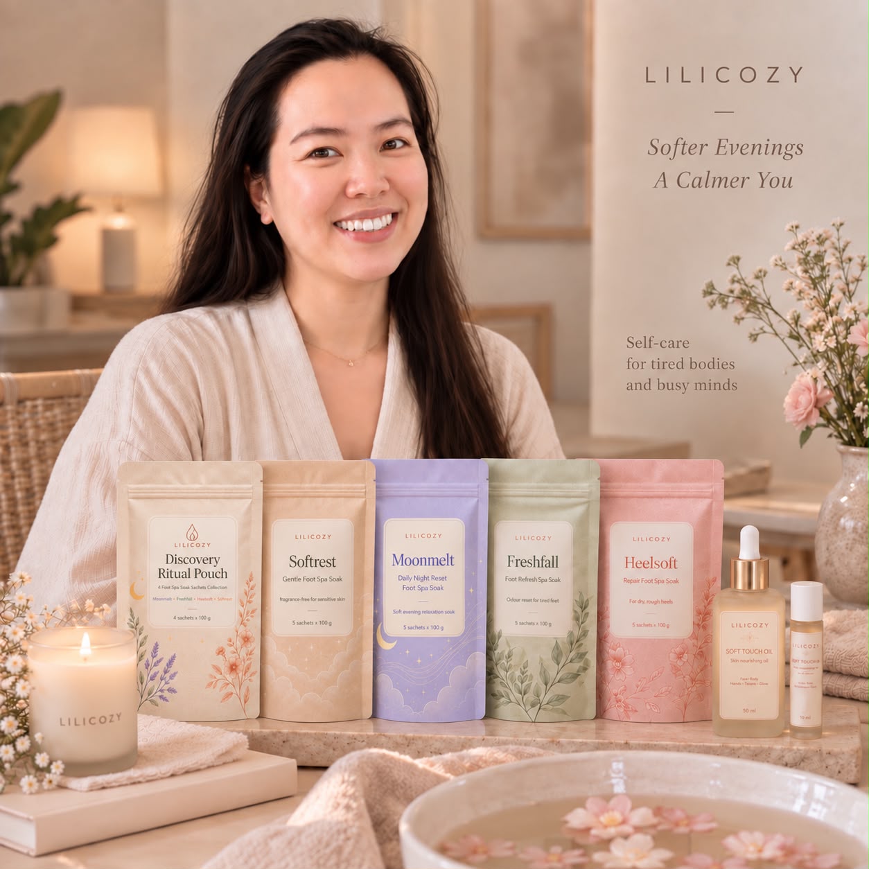 A woman with the LILICOZY foot spa soak and oil collection